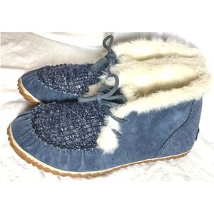 Sorel Nakiska Bootie Suede Faux Fur Slippers Slate Blue Woven Knit NL2285-410